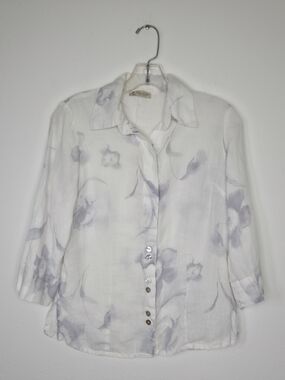 Puro Lino Made In Italy Linen Floral Button-Down Shirt - White & Light Gray S